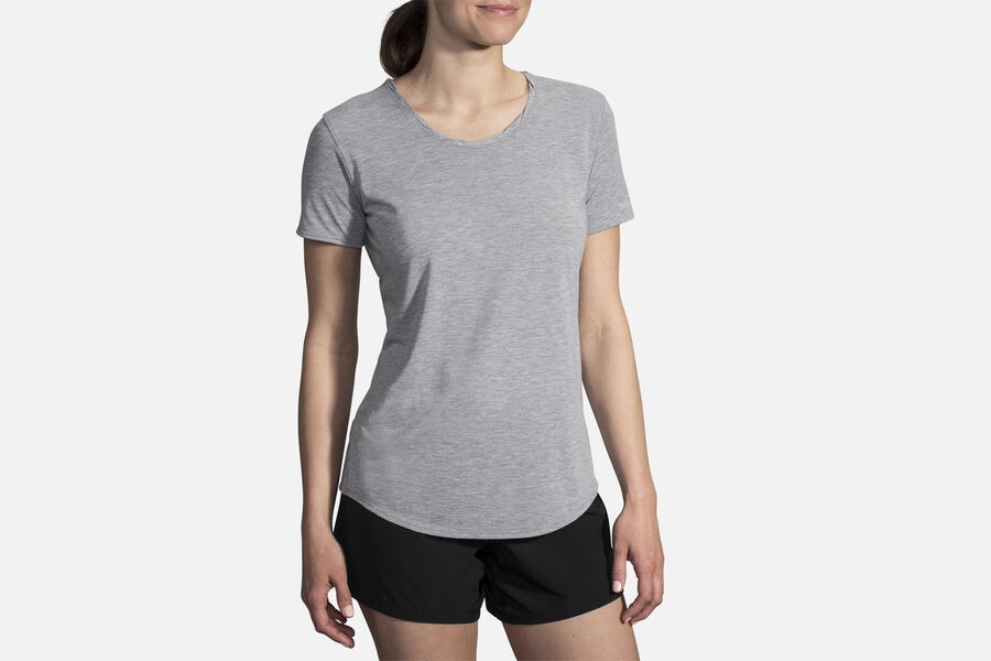 Womens Brooks Distance Sleeve Tops Heather Ash | 037164-EBD